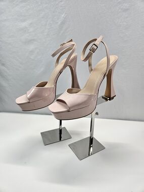 ID Required Quinn Pink Platform Sandals Patent Flared Block Heel Peep Toe 10